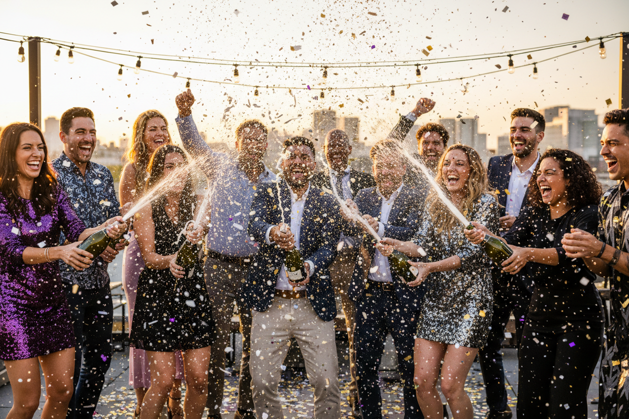 gorup of people celebrating spraying champagne 