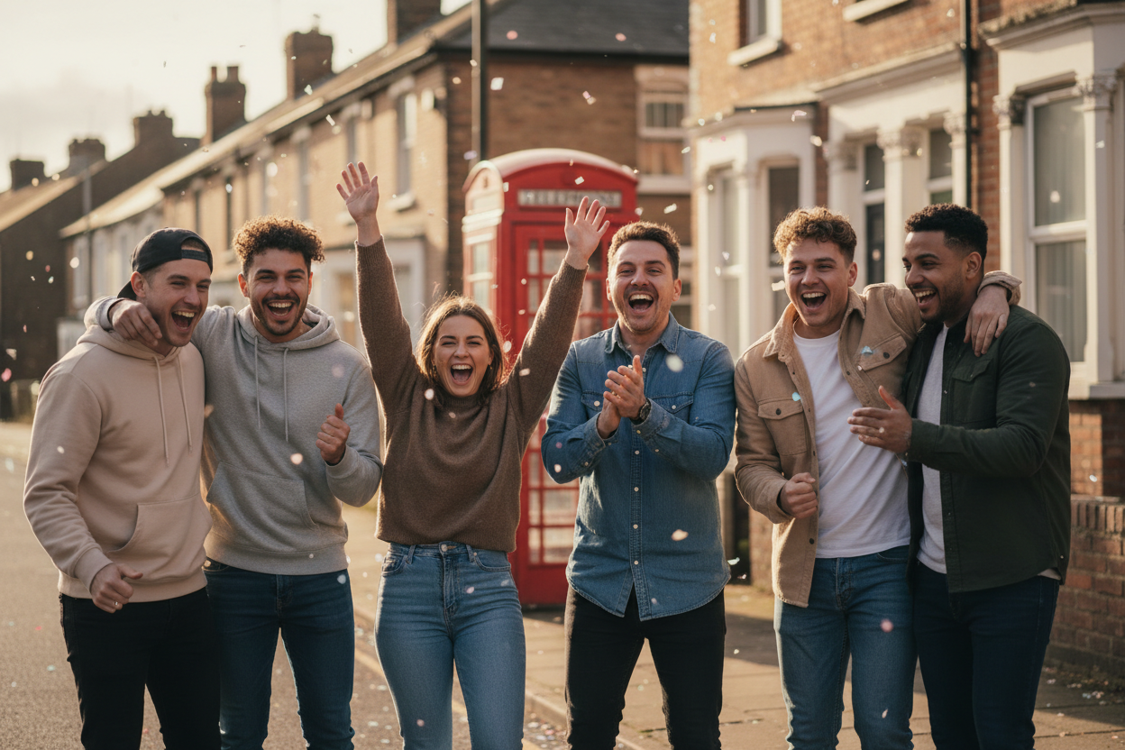 I need a group of friends celebrating because they have just won a prize